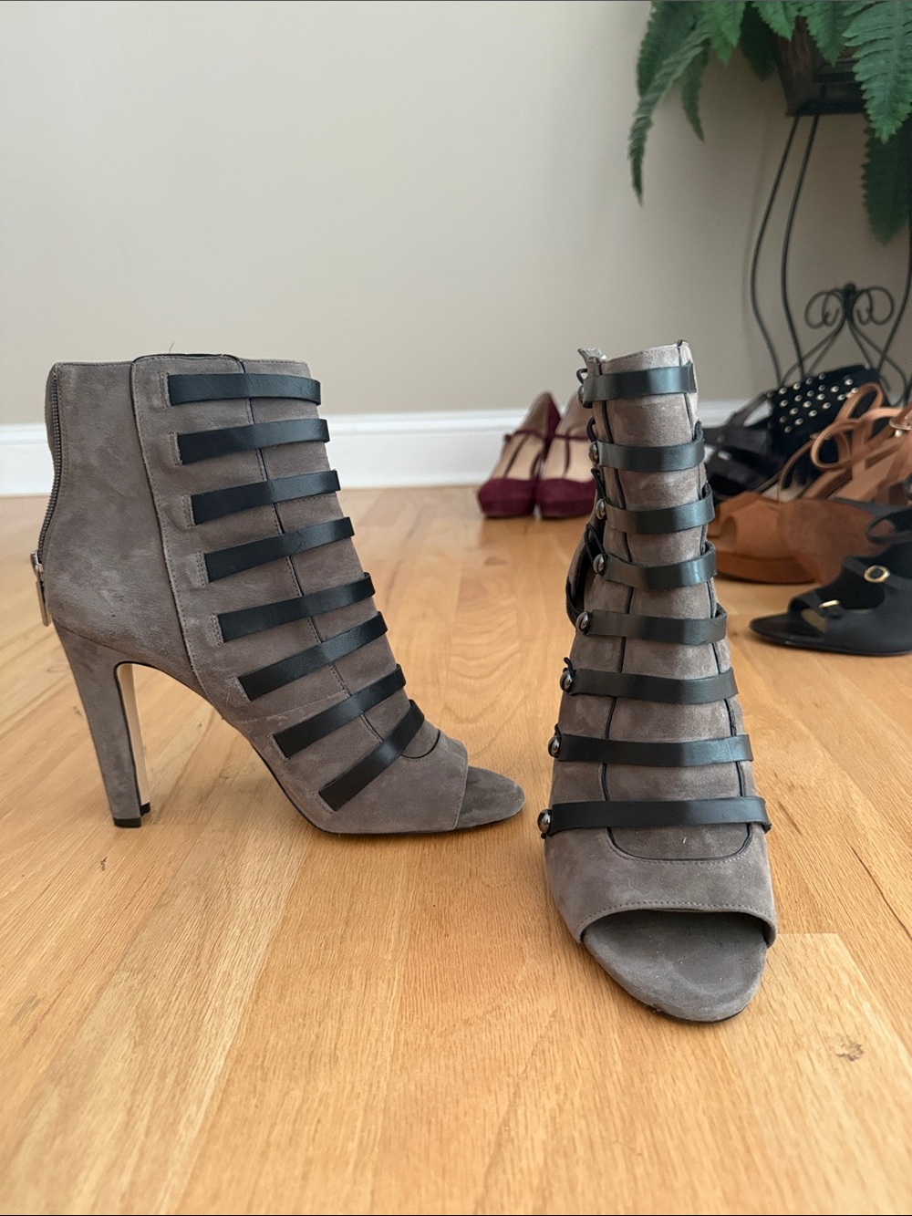 Karl Lagerfeld Gray Suede Open-Toe Strappy Ankle Boots
